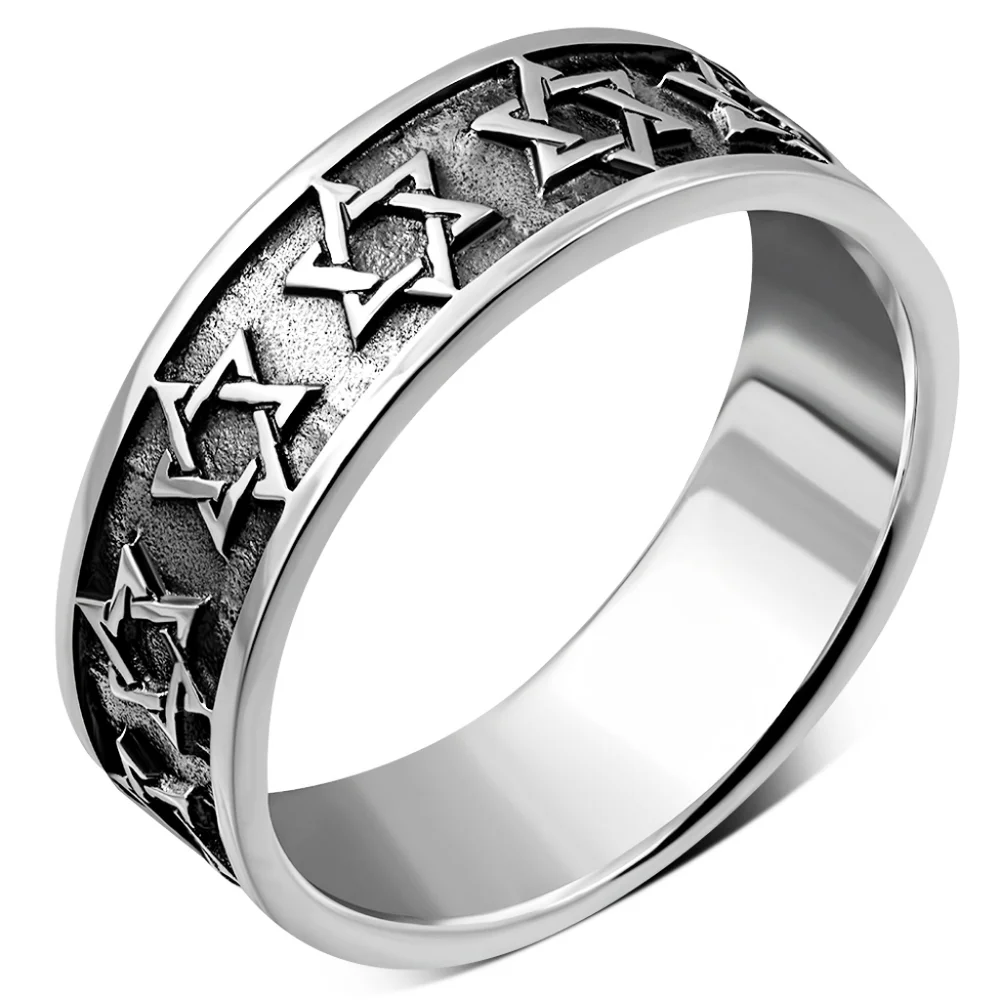 Ring-- Unisex Sterling Silver band with raised Star of David all around